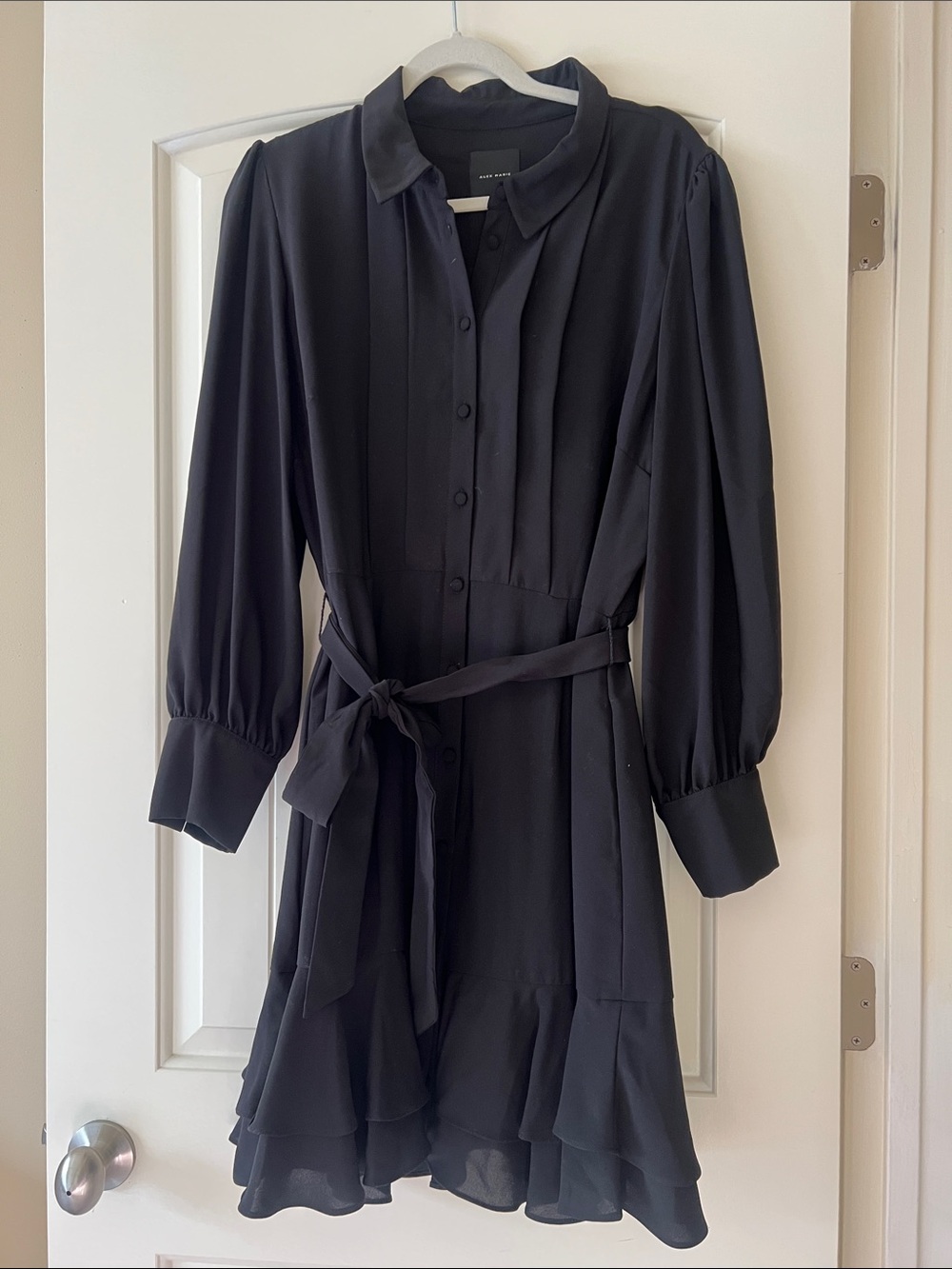 Alex Marie Black Long-Sleeve Button Down Dress with Tie Waist